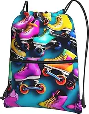 EdWal Colorful Roller Skates Print Drawstring Backpack Gym Bags Sports Bags With Zipper Pocket For Travel Beach, Black, One Size