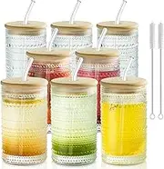 KEMORELA 8PCS Hobnail Glass cups with Bamboo Lids and Glass Straws, Beaded Glass Cups, Highball Bubble Cocktail Cups, for Cocktail, Soda, Juice, Water, Beer Wine, Vintage Ribbed Cups