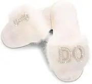 [Newcotte] Bride Slippers Women's I Do Bride Slippers for Wedding Day Wedding Slippers White Feather Fluffy Slippers for Bride Party Bridal Shower