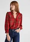 NWT Lucky Brand Daisy Plaid Blouse Size Small Red Multi Peasant Ruffled