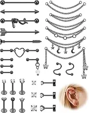 [REVOLIA] Surgical Steel Industrial Barbell Earrings with Chain for Women Dangle Cartilage Earring Studs Cartilage Helix Tragus Daith Industrial Piercing Jewelry Set