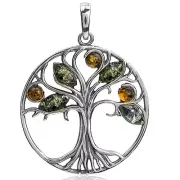 925 Solid Sterling Silver Baltic Multicolor Amber Tree of Life Beautiful Pendant