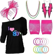 [Catchcostume] 80s Outfits Women's 80's Costumes with,I Love 80's Print Off Shoulder T-Shirt Accessories Set Earrings Necklace Bracelets Fishnet Headband80s Costumes