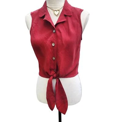Kate Hill. 90s 100% Silk Button Down Tie Front Sleeveless Blouse. Size: PM