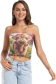 [RPLIFE] Colorful Flowers Highland Cow Summer Tops, Womens Strapless Top, Sheer Tube Tops, Sexy Tube Tops (S)