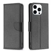 For iPhone 15 Pro Case, Lychee PU Leather Wallet Cover, Black
