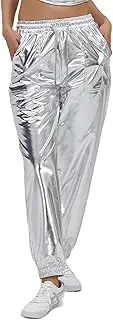 [AGYMNX] Women Metallic Shiny Pants with Drawstring Jogger Casual Holographic Colour High Waisted Metallic Pants Drawstring with Pockets Disco Hip Hop Theme Party