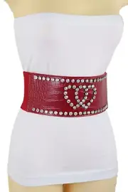 Women Red Elastic Wide Belt Hip High Waist Silver Heart Fancy Bling Look Fit S M