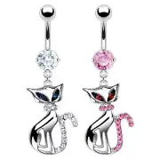Prong Set Gem Navel/Belly Ring with Cubic Zirconia Eyes Cat Dangle.