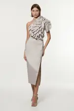 Metallic Taffeta Rosette Midi Off The Shoulder Dress