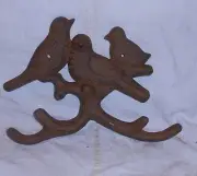 CAST IRON RUST FINISH THREE (3) BIRDS ON BRANCHES COAT HOOK (4 HOOKS)