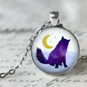 WOLF MOON NIGHT STARS charm pendant 20" Sterling 925 Silver plate necklace Gift