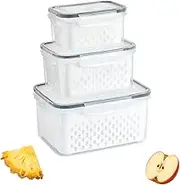 Organizeh Household Transparent Plastic Food Storage Box-Including Drain Basket, 3-Pack Refrigerator Vegetable Storage Box, Watermelon Container (Transparent*3)