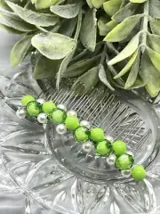 Formal Wedding Lime Green White Beaded Comb 3.5” metal Silver comb Accessories