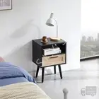 16" Modern Rattan Nightstand, End Table with Drawer and Solid Wood Legs, Black