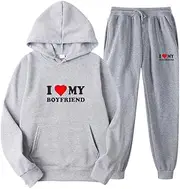 [YongXinMY] Tracksuit Two Piece Set Funny Letter 3D Printed Hoodie and Jogger Pants Set for Men Women I Love MY Boyfriend