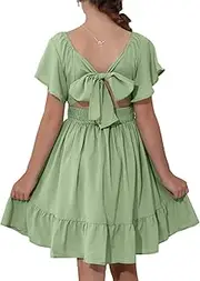 [blibean] Girls Tie Back Dress Tween Off Shoulder Dresses Size 4-13 Years