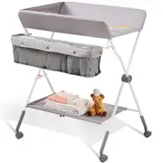 Baby Changing Table, Folding Diaper Changing Station with Lockable Wheels, Portable Changing Table 3-level Adjustable Heights, with Storage Basket & Hanging Racks for Newborns &