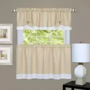 Darcy Tan/White 3Pcs Light Filtering Rod Pocket Tier and Valance Set