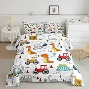 Construction Comforter Set Kids Cartoon Dinosaur Comforter Cover Set for Boys Equipment Trucks Bedding Set Construction Vehicles Kawaii Jungle Dino Duvet Set Room Decor Quilt Set Full Size