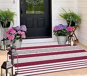 Red and White Outdoor Rug 3'x 5' Hand-Woven Cotton Washable Rug Striped Front Porch Rug Machine Washable Indoor/Outdoor Area Rug Floor Mat for Farmhouse/Layered Door Mats/Living Room
