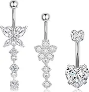 [NECXON] 3 Pcs Belly Button Bars, Silver Belly Bar Belly Button Piercing Belly Ring Piercing Jewelry Dangly Belly Button Bars for Women Men, Cubic Zirconia