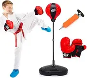 Costway Punching Bag for Kids, from 81cm-117cm Height Adjustable Punching Ball Set with Large Capacity Base for Children Over 3 Years, Standing Punching Bag with Boxing Gloves & Pump, Red and Black