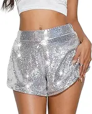 [Cresay] Women High Waisted A Line Sequin Shorts Elastic Sparkly Glitter Party Shorts Outfit