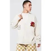 Mens Cream Oversized Varsity Intarsia Knitted Cardigan
