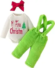 [Generic] Baby Receiving Blanket Girl Kids Outfit Soft Cotton Warm Crewneck Long Sleeved Christmas Tree Alphabet Hoodie + Green Furry Bib Pants + Headband for Boys Or Girls Baby Gift (White, 3-6 Months)