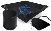 (6) 16mm Numbers 1-6 Design Dice Black Blue w/Pouch + Rolling Tray + Dice Cup