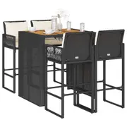 Garden Bar Set with Cushions Table and Chairs Black Poly Rattan Acacia vidaXL