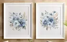 Floral Wall Art Prints, Set of 2 Blue Floral Wall Art Prints, Botanical Decor #3