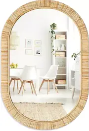 Rattan Bathroom Mirror – Rustic Farmhouse Style Handmade Wicker Rattan Frame - B