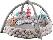 Baby Play Mat-Tummy Time Activity Gym for Infants | Soft Round Padded Mat with Detachable Toys, Braided Bumper & Pillow | Newborn Sensory Floor Play Area (Neutral Grey) with Detachable Toys, Braided Bumper & Pillow |soft Play Area (Neutral Grey)