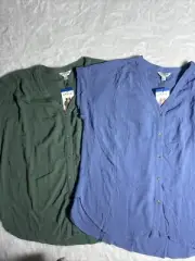 Orvis Button Front V Shirt Blouse Top Lot of 2 Blue and Green Size L