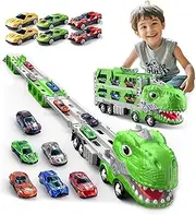 Dinosaur Toys for Kids 3-5, Dinosaur Truck with 12 Pull Back Cars, Small Cars Set, Birthday Gifts Toys for 3 4 5+ Year Old Boy, Transport Carrier Truck for Toddlers 3-4 Years (Green)