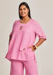 [TS] Taking Shape Buckle Detail Linen Bamboo Tunic Size 12 in Sorbet Pink - Plus Size Women's Clothing Sorbet Pink