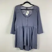 Torrid Waffle Scoop Neck Button-Front Lace Inset Babydoll Top Blue Gray Size 0X