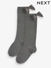 Grey 2 Pack Cotton Rich Bow Knee High Socks (D89964) | $11 - $13