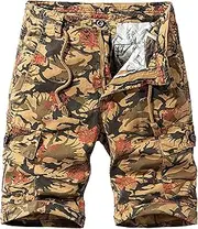[PHJTOMK] Men's Straight Cargo Shorts Casual Cotton Work Shorts Multi-Pockets Men Elastic Waist Drawstring Pull on Shorts