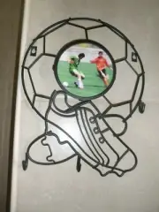 NWOT Soccer Themed Photo Picture Frame Black metal with hooks.ball & shoe design