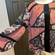 One World Sz L Patchwork Velvet-Strips Bishop-Sleeve BoHo Hippie Artsy Eclectic