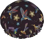 Flower Hummingbirds Embroidery Print Various Activities Shower Cap Reusable Soft And Lightweight Bath Hair Cap Long Hair