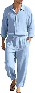 [HongYunAu] Men's Casual Linen Two Piece Set Solid Color Simple Linen Shirt & Pants 2 Pces Set