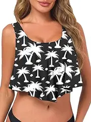 [Aderea] Women's Bikini Top Push Up Tankini Tops Full Coverage Bathing Suit Top Flounce Swimsuit Swim Tops with Built in Bra