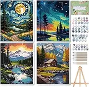 Ninonly 4 Pack Paint by Numbers Kit for Adults, Forest Paint by Number Kit Arts Kits for Beginners with Wooden Easel, Acrylic Painting, Framed Canvas for Gift Home Decor, 9 * 12 Inch