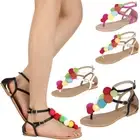 New Thong Open Toe Ankle T-Strap Gladiator Flat Sandal Shoe Rainbow Pom Pom Ball