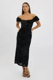 Black Maxi Dress Puff Sleeve Burn Out - Size 16XL, Women's Maxi Dress