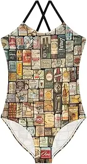 [RPLIFE] Mosaic Vintage Beer Labels Kids Swim Suits, Girls Athletic Swimsuit, Beach Apparel 3-10T with Adjustable Shoulder Strap